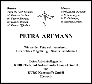 Traueranzeige von Petra Arfmann von Nordwest-Zeitung