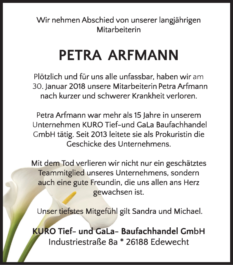  Traueranzeige für Petra Arfmann vom 03.02.2018 aus Nordwest-Zeitung