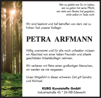 Traueranzeige von Petra Arfmann von Nordwest-Zeitung