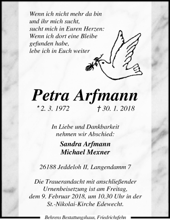 Traueranzeige von Petra Arfmann von Nordwest-Zeitung