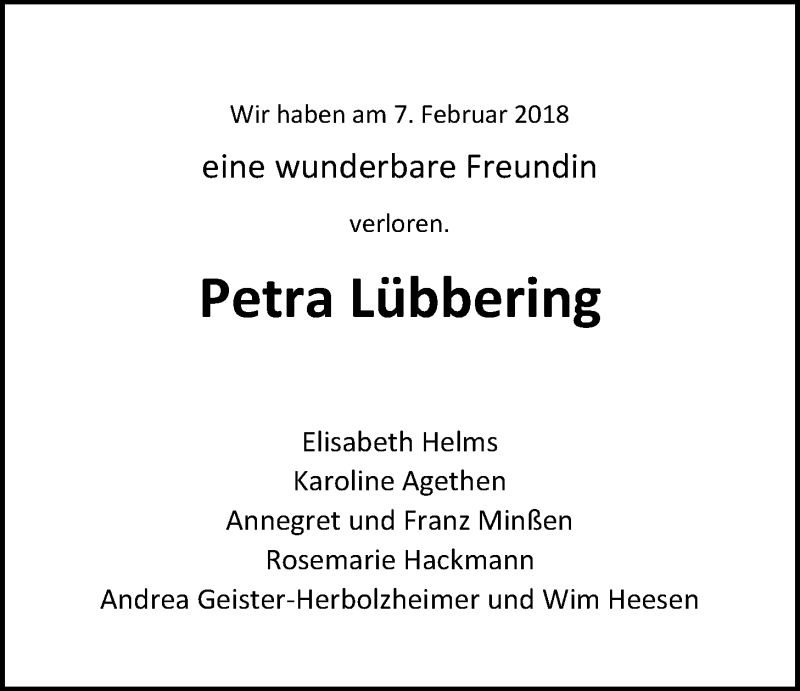  Traueranzeige für Petra Lübbering vom 12.02.2018 aus Nordwest-Zeitung