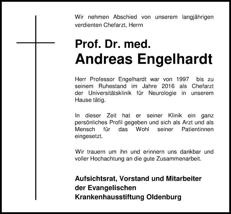  Traueranzeige für Prof. Dr. Andreas Engelhardt vom 22.02.2018 aus Nordwest-Zeitung
