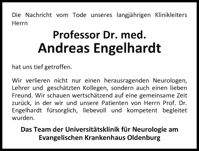 Traueranzeige für Prof. Dr. Andreas Engelhardt vom 22.02.2018 aus Nordwest-Zeitung