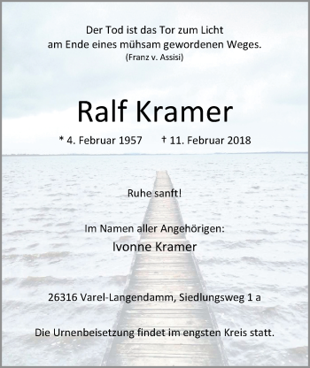 Traueranzeige von Ralf Kramer von Nordwest-Zeitung