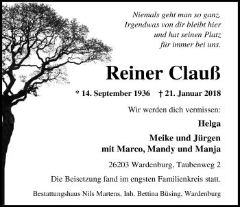 Traueranzeige von Reiner Clauß von Nordwest-Zeitung