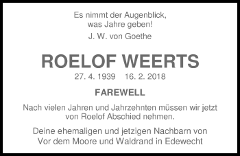 Traueranzeige von Roelof Weerts von Nordwest-Zeitung