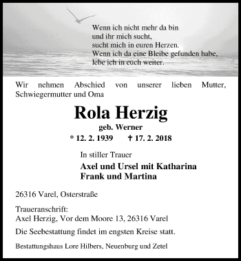 Traueranzeige von Rola Herzig von Nordwest-Zeitung