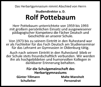 Traueranzeige von Rolf Pottebaum von Nordwest-Zeitung
