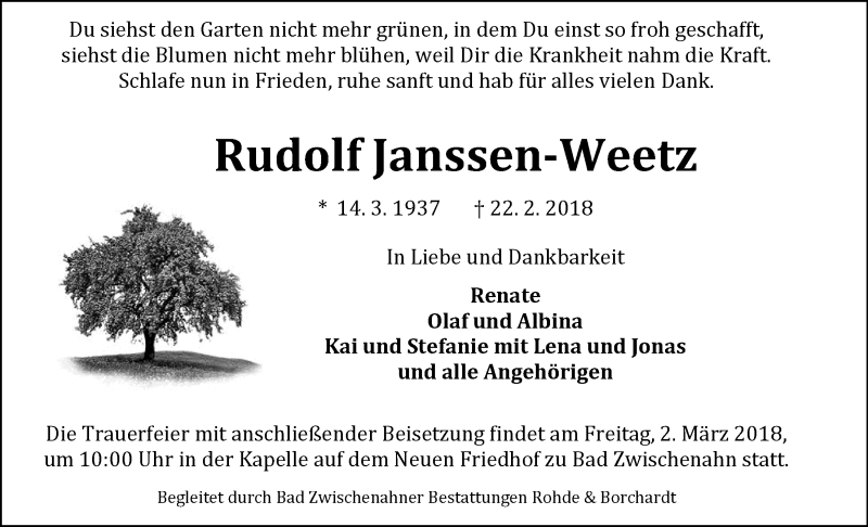  Traueranzeige für Rudolf Janssen-Weetz vom 24.02.2018 aus Nordwest-Zeitung