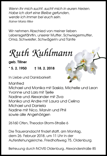 Traueranzeige von Ruth Kuhlmann von Nordwest-Zeitung