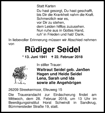 Traueranzeige von Rüdiger Seidel von Nordwest-Zeitung