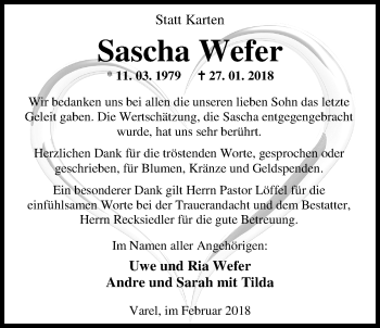 Traueranzeige von Sascha Wefer von Nordwest-Zeitung