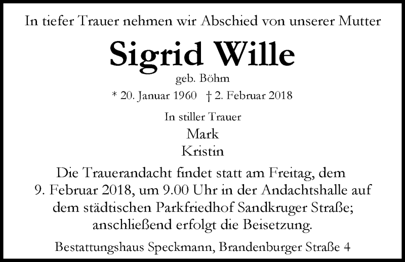  Traueranzeige für Sigrid Wille vom 06.02.2018 aus Nordwest-Zeitung