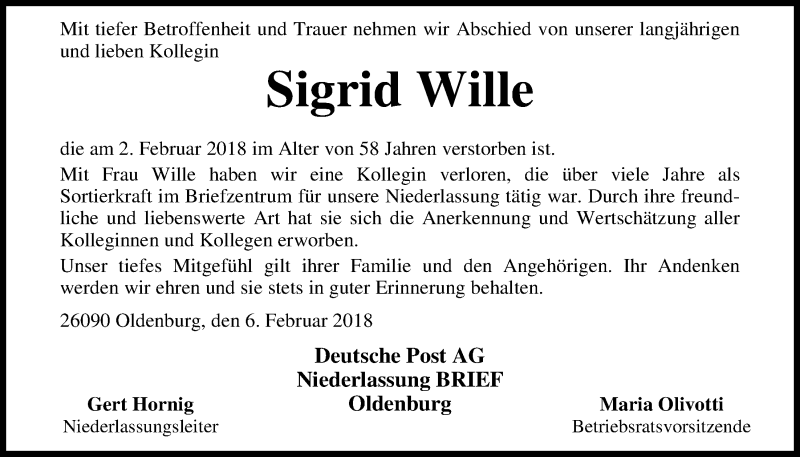  Traueranzeige für Sigrid Wille vom 07.02.2018 aus Nordwest-Zeitung
