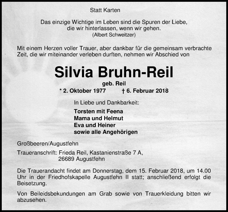  Traueranzeige für Silvia Bruhn-Reil vom 12.02.2018 aus Nordwest-Zeitung