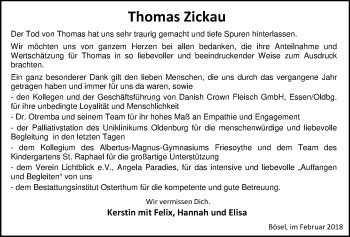 Traueranzeige von Thomas Zickau von Nordwest-Zeitung