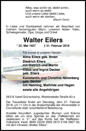 Traueranzeige von Walter Eilers von Nordwest-Zeitung