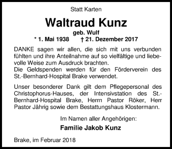 Traueranzeige von Waltraud Kunz von Nordwest-Zeitung