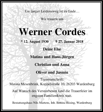 Traueranzeige von Werner Cordes von Nordwest-Zeitung