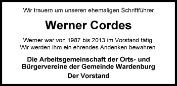 Traueranzeige von Werner Cordes von Nordwest-Zeitung