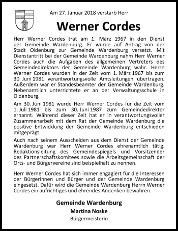 Traueranzeige von Werner Cordes von Nordwest-Zeitung