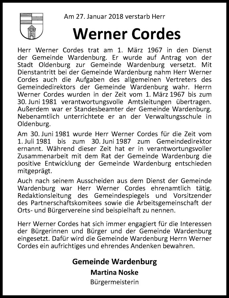  Traueranzeige für Werner Cordes vom 17.02.2018 aus Nordwest-Zeitung