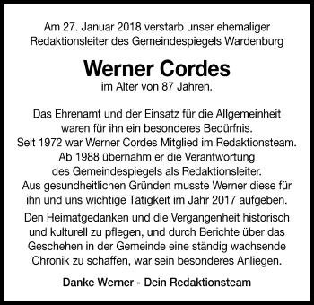 Traueranzeige von Werner Cordes von Nordwest-Zeitung