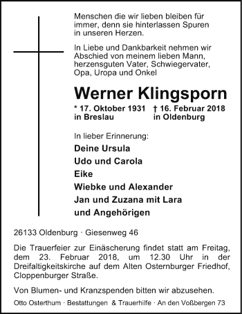 Traueranzeige von Werner Klingsporn von Nordwest-Zeitung