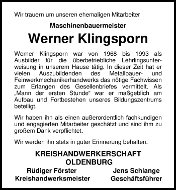Traueranzeige von Werner Klingsporn von Nordwest-Zeitung
