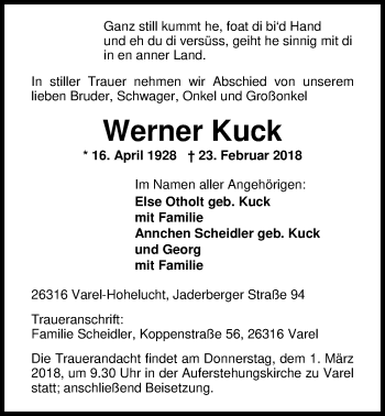 Traueranzeige von Werner Kuck von Nordwest-Zeitung