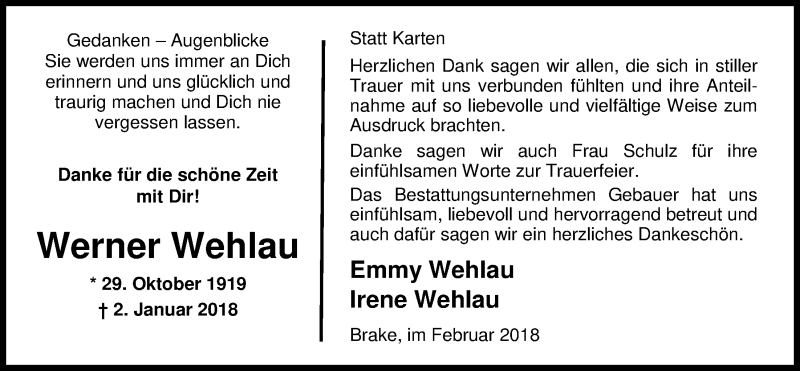  Traueranzeige für Werner Wehlau vom 10.02.2018 aus Nordwest-Zeitung