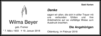 Traueranzeige von Wilma Beyer von Nordwest-Zeitung