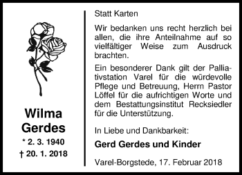 Traueranzeige von Wilma Gerdes von Nordwest-Zeitung