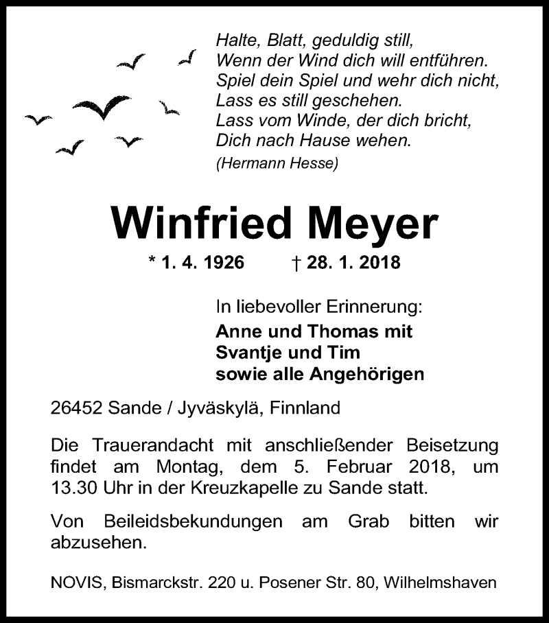  Traueranzeige für Winfried Meyer vom 03.02.2018 aus Nordwest-Zeitung
