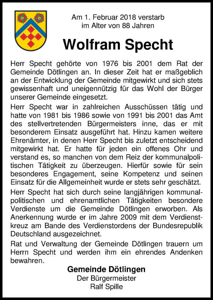  Traueranzeige für Wolfram Specht vom 03.02.2018 aus Nordwest-Zeitung