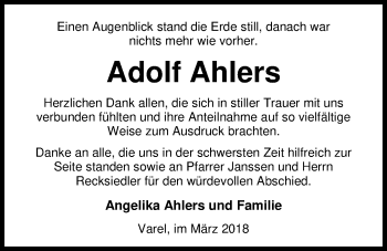Traueranzeige von Adolf Ahlers von Nordwest-Zeitung