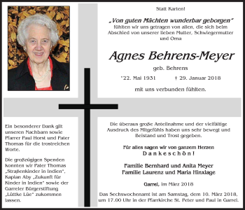 Traueranzeige von Agnes Behrens-Meyer von Nordwest-Zeitung