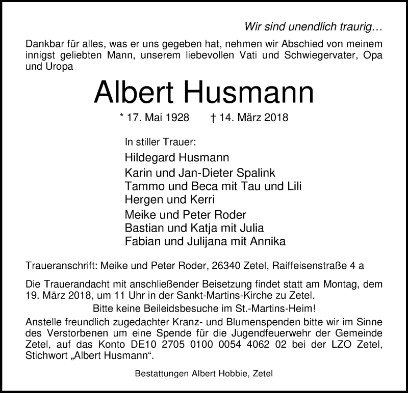  Traueranzeige für Albert Husmann vom 16.03.2018 aus Nordwest-Zeitung