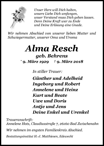 Traueranzeige von Alma Resch von Nordwest-Zeitung