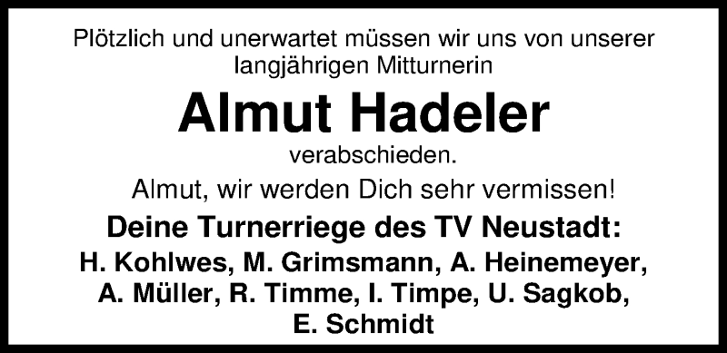  Traueranzeige für Almut Hadeler vom 15.03.2018 aus Nordwest-Zeitung