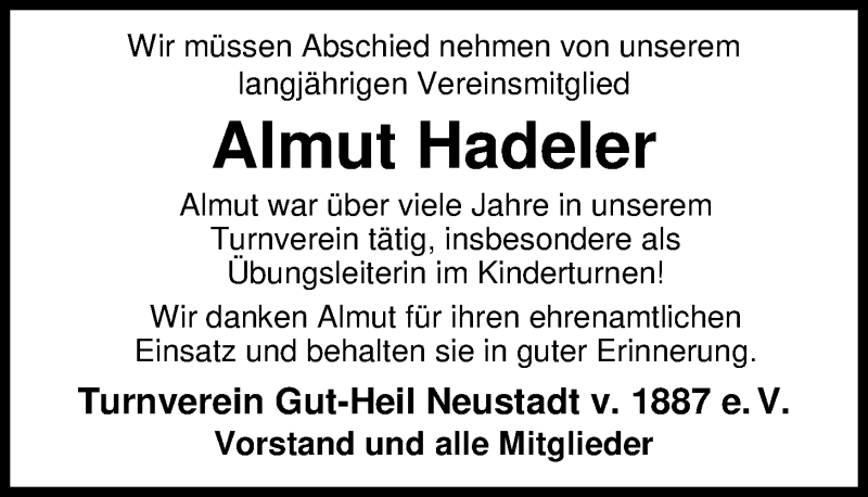  Traueranzeige für Almut Hadeler vom 15.03.2018 aus Nordwest-Zeitung