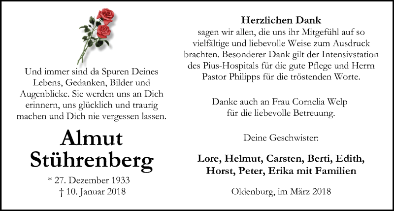  Traueranzeige für Almut Stührenberg vom 10.03.2018 aus Nordwest-Zeitung