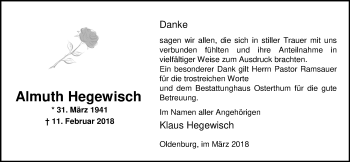 Traueranzeige von Almuth Hegewisch von Nordwest-Zeitung