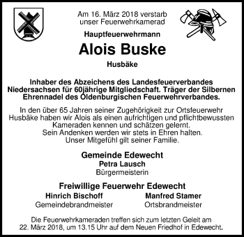 Traueranzeige von Alois Buske von Nordwest-Zeitung