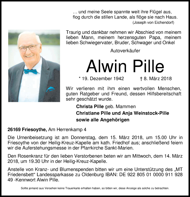  Traueranzeige für Alwin Pille vom 12.03.2018 aus Nordwest-Zeitung