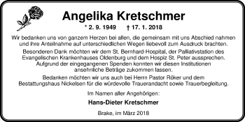 Traueranzeige von Angelika  Kretschmer von Nordwest-Zeitung