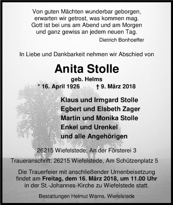 Traueranzeige von Anita Stolle von Nordwest-Zeitung