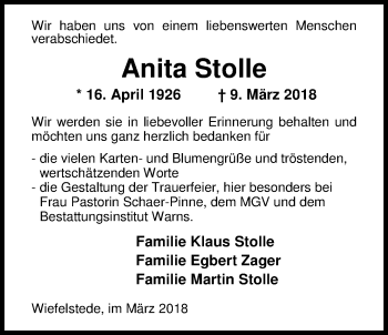 Traueranzeige von Anita Stolle von Nordwest-Zeitung