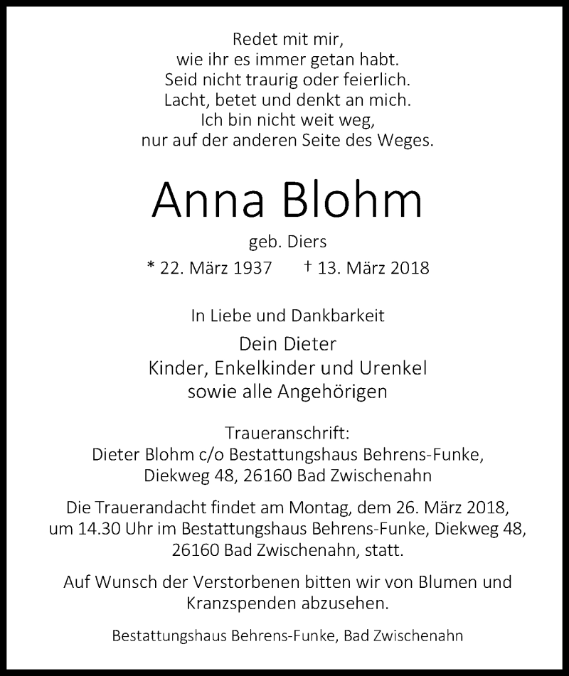  Traueranzeige für Anna Blohm vom 17.03.2018 aus Nordwest-Zeitung
