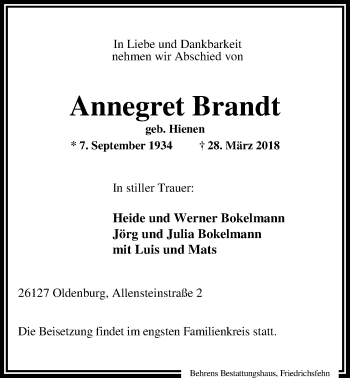 Traueranzeige von Annegret Brandt von Nordwest-Zeitung